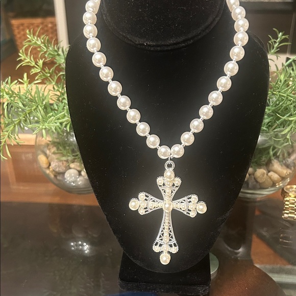 Jewelry - Pearl Bead Necklace with Silver-Tone Cross Pendant